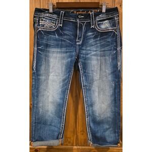 Rock Revival Linne Capri Jeans Womens 26 Blue Excellent Thick Stitch Embroidered